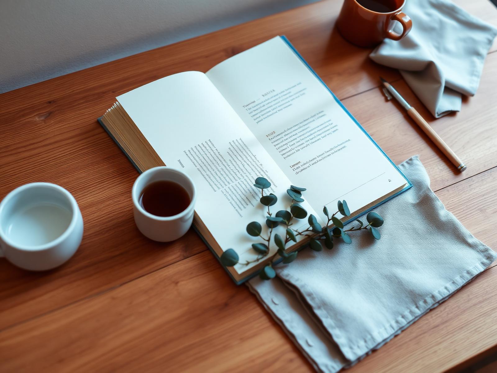 An open guided workbook on a warm wooden desk with tea and eucalyptus